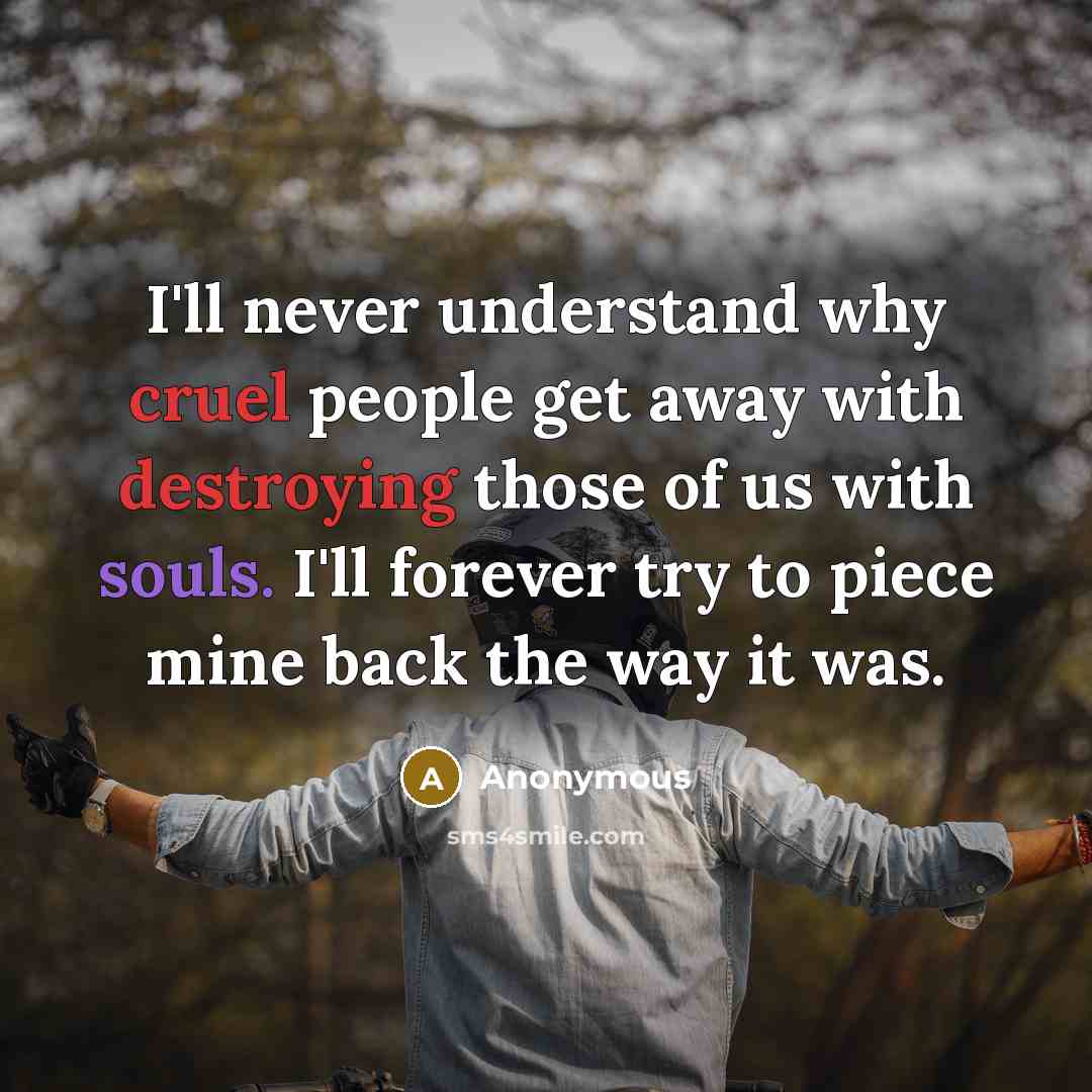 “I'll never understand why cruel people get away with destroying those of us with souls. I'll forever try to piece mine back the way it was.” quote by Anonymous