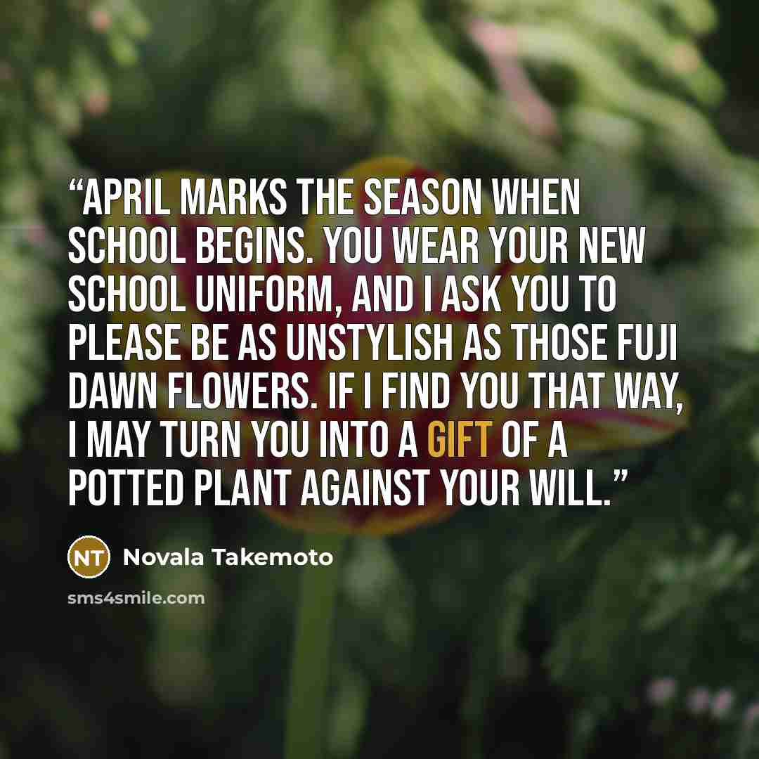“April marks the season when school begins. You wear your new school uniform, and I ask you to please be as unstylish as those fuji dawn flowers. If I find you that way, I may turn you into a gift of a potted plant against your will.” quote by Novala Takemoto
