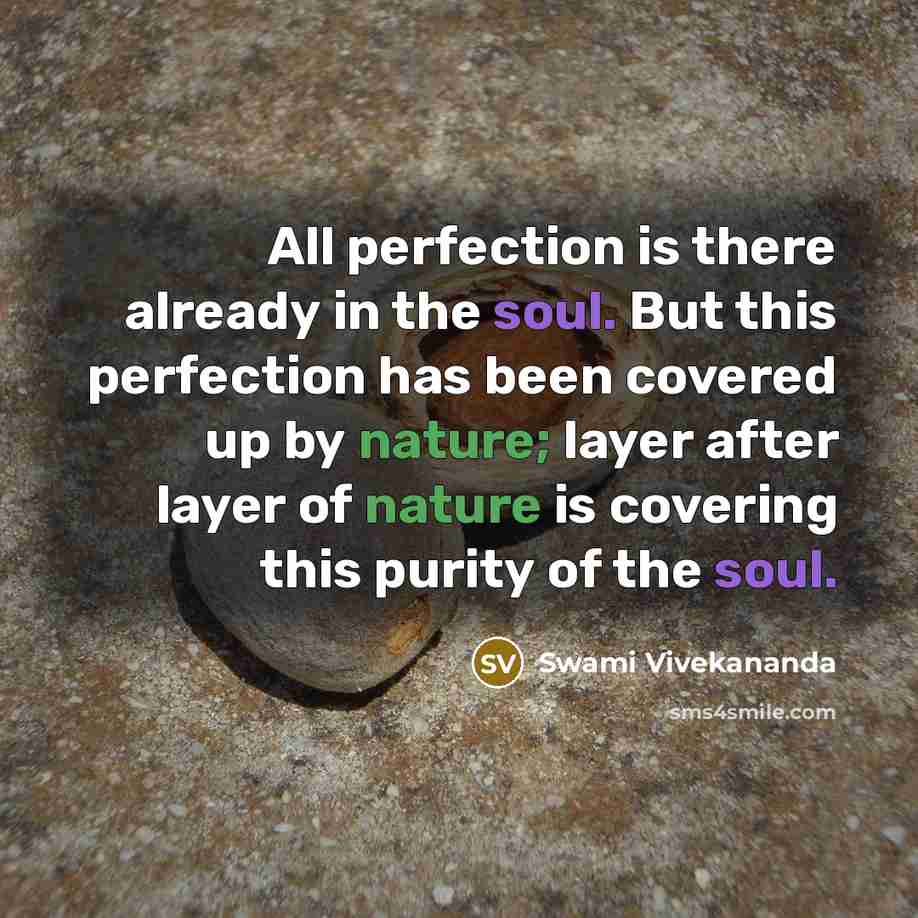 “All perfection is there already in the soul. But this perfection has been covered up by nature; layer after layer of nature is covering this purity of the soul.” quote by Swami Vivekananda