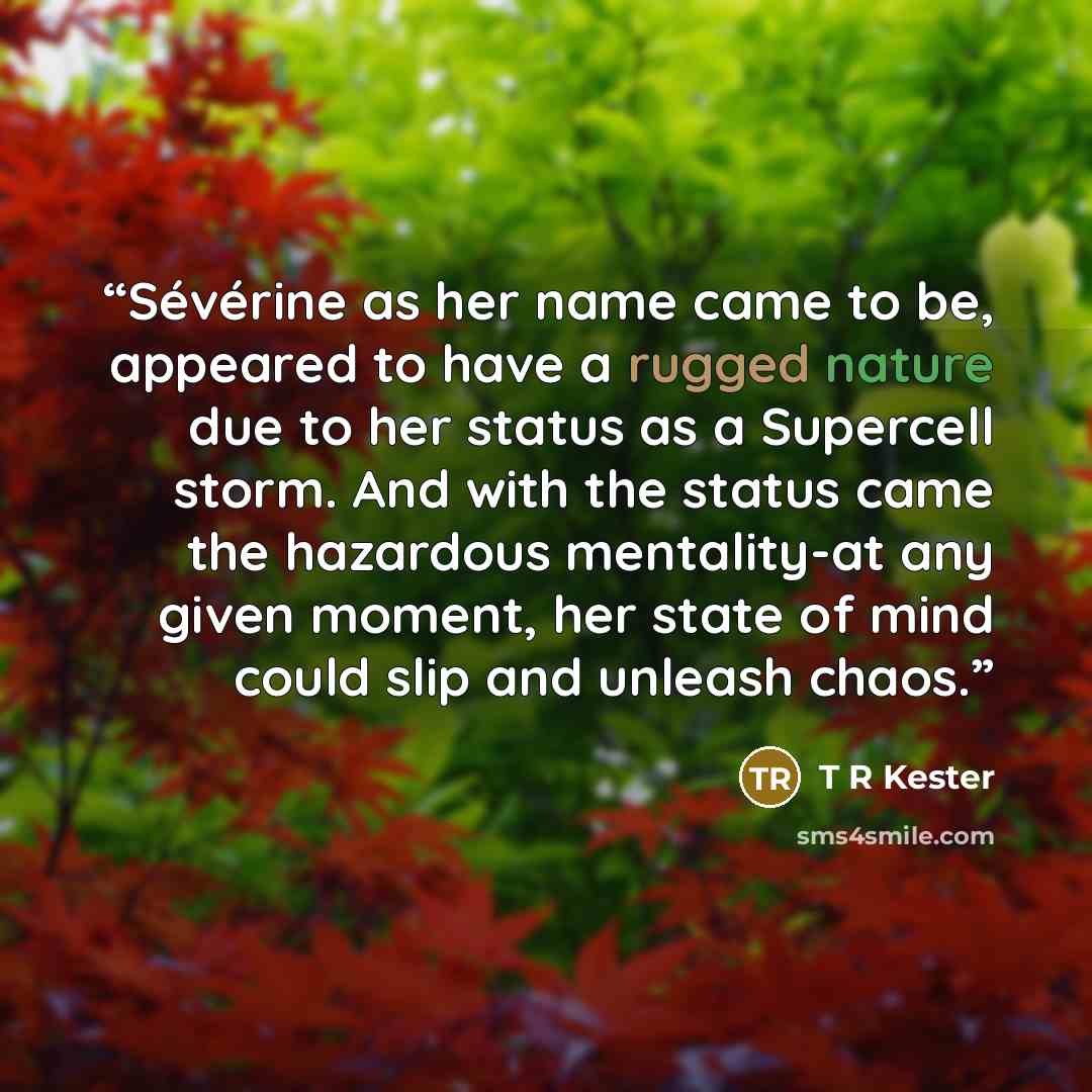 “Sévérine as her name came to be, appeared to have a rugged nature due to her status as a Supercell storm. And with the status came the hazardous mentality-at any given moment, her state of mind could slip and unleash chaos.” quote by T R Kester