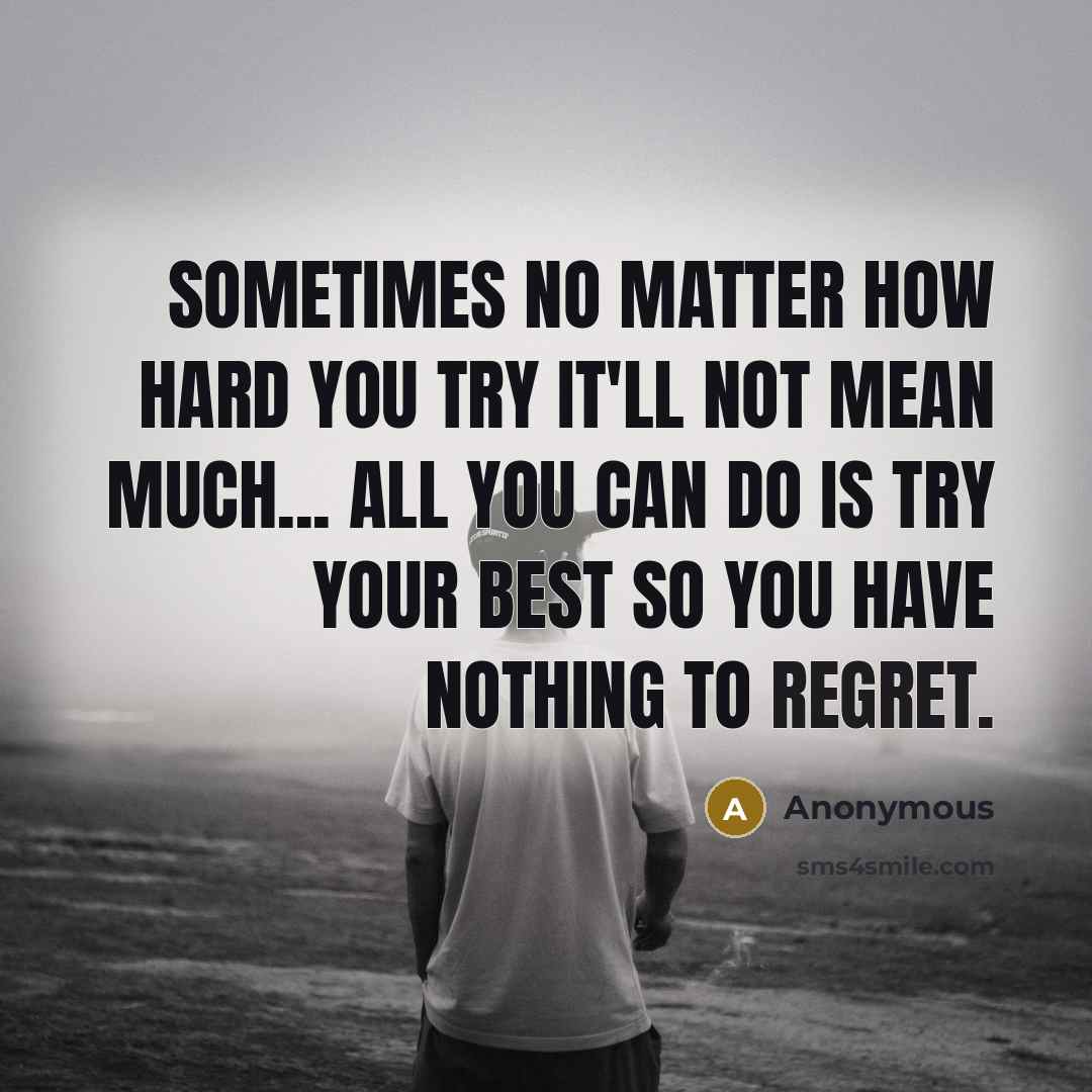 “Sometimes no matter how hard you try it'll not mean much... All you can do is try your best so you have nothing to regret.” quote by Anonymous