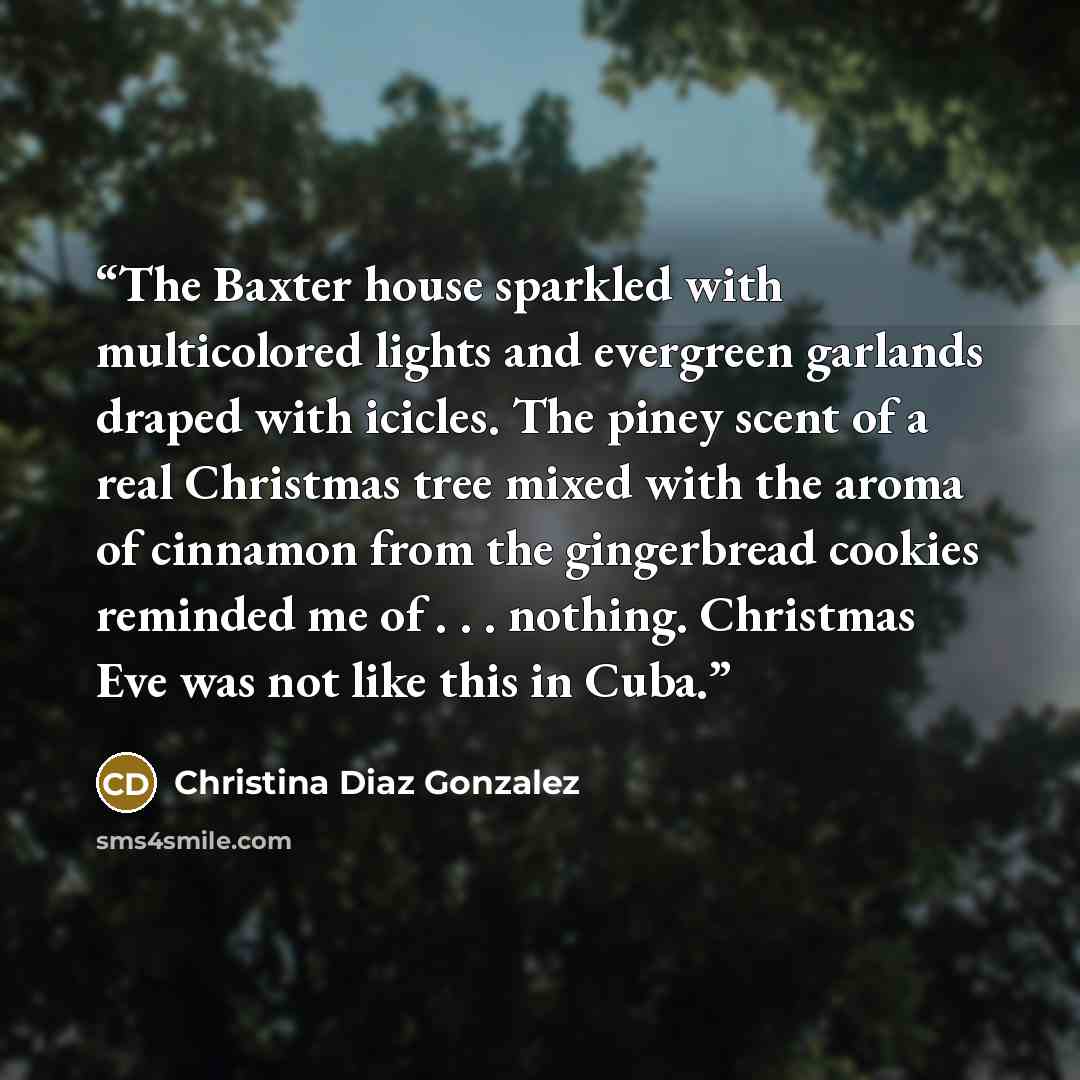 “The Baxter house sparkled with multicolored lights and evergreen garlands draped with icicles. The piney scent of a real Christmas tree mixed with the aroma of cinnamon from the gingerbread cookies reminded me of . . . nothing. Christmas Eve was not like this in Cuba.” quote by Christina Diaz Gonzalez
