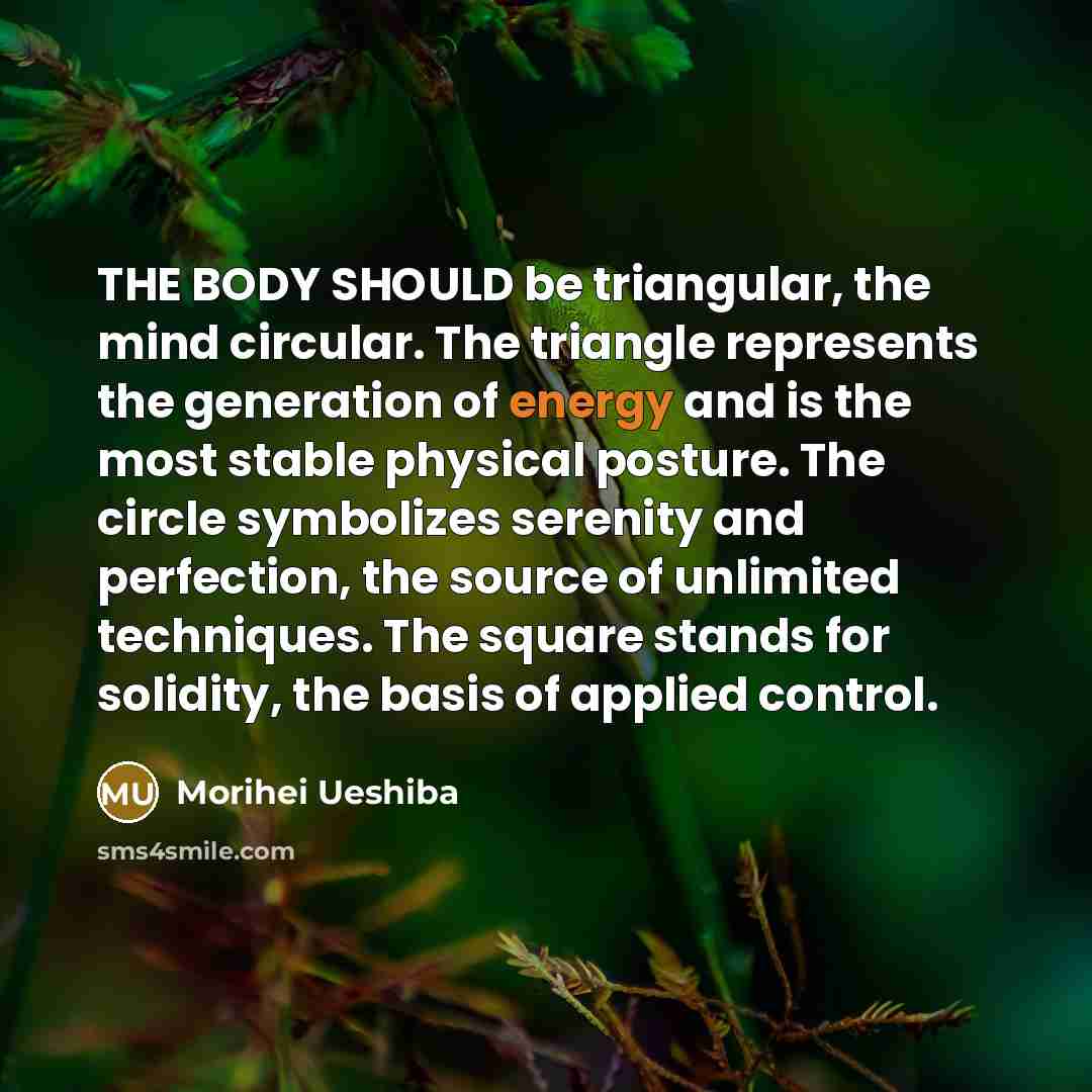 “THE BODY SHOULD be triangular, the mind circular. The triangle represents the generation of energy and is the most stable physical posture. The circle symbolizes serenity and perfection, the source of unlimited techniques. The square stands for solidity, the basis of applied control.” quote by Morihei Ueshiba