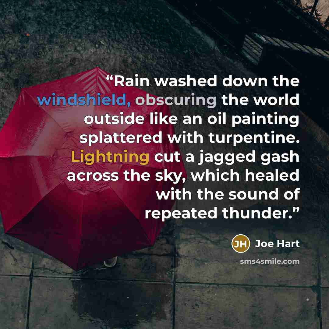 “Rain washed down the windshield, obscuring the world outside like an oil painting splattered with turpentine. Lightning cut a jagged gash across the sky, which healed with the sound of repeated thunder.” quote by Joe Hart