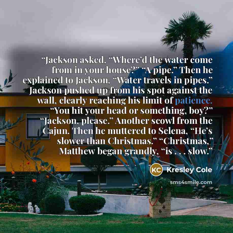 “Jackson asked, “Where’d the water come from in your house?” “A pipe.” Then he explained to Jackson, “Water travels in pipes.” Jackson pushed up from his spot against the wall, clearly reaching his limit of patience. “You hit your head or something, boy?” “Jackson, please.” Another scowl from the…” quote by Kresley Cole