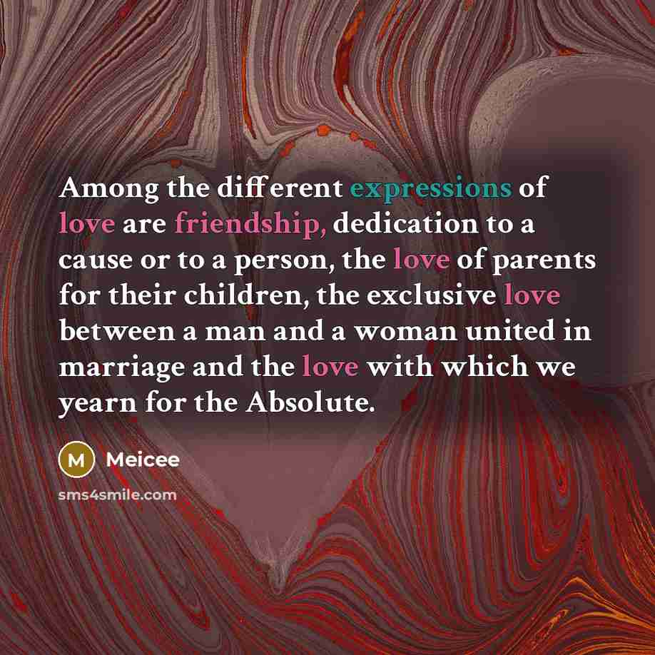 “Among the different expressions of love are friendship, dedication to a cause or to a person, the love of parents for their children, the exclusive love between a man and a woman united in marriage and the love with which we yearn for the Absolute.” quote by Meicee