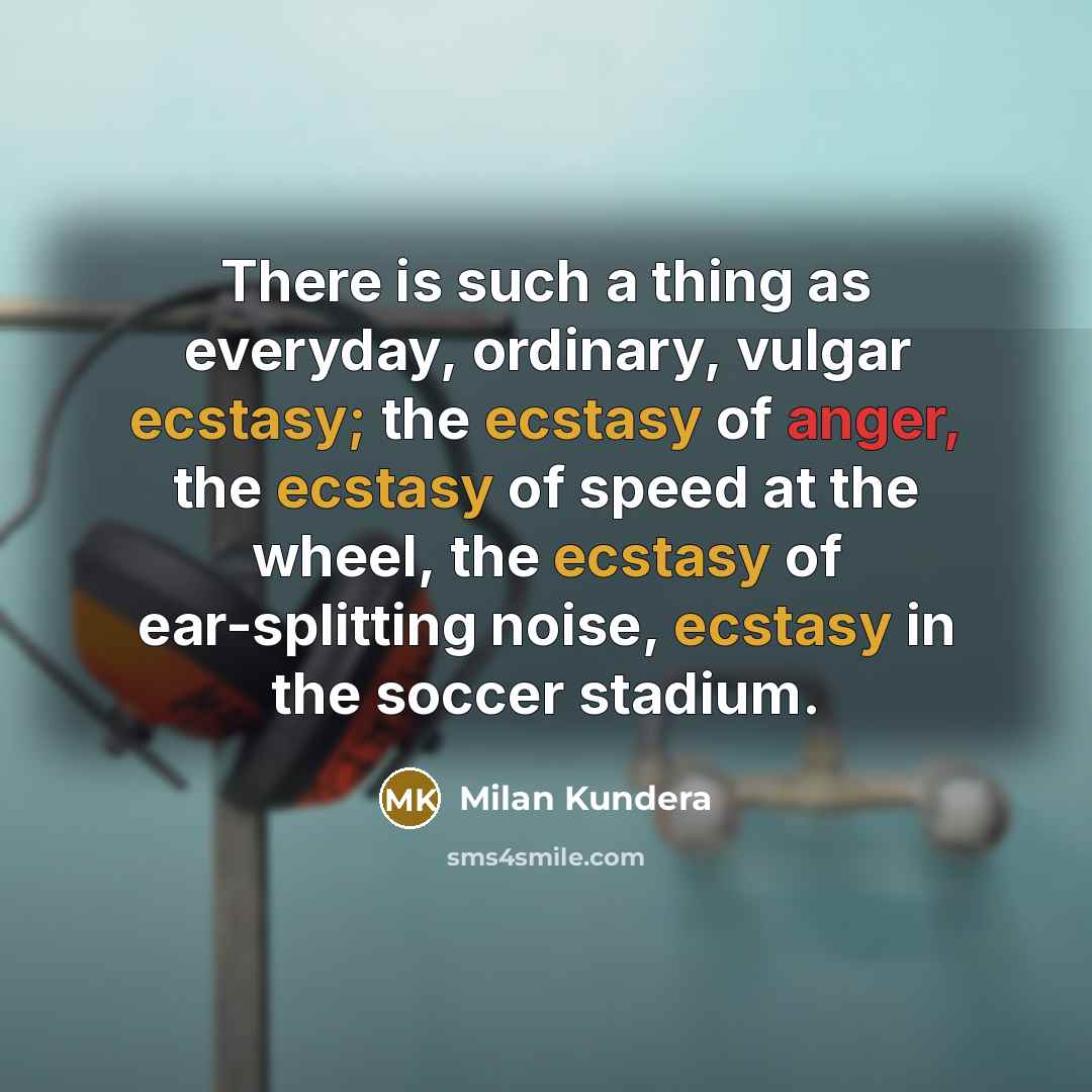 “There is such a thing as everyday, ordinary, vulgar ecstasy; the ecstasy of anger, the ecstasy of speed at the wheel, the ecstasy of ear-splitting noise, ecstasy in the soccer stadium.” quote by Milan Kundera