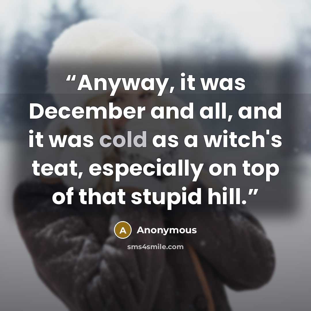 “Anyway, it was December and all, and it was cold as a witch's teat, especially on top of that stupid hill.” quote by Anonymous