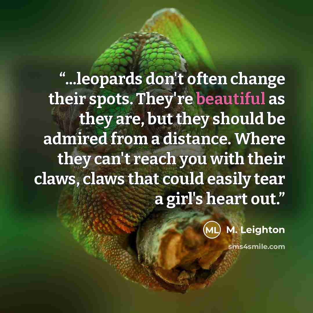 “...leopards don't often change their spots. They're beautiful as they are, but they should be admired from a distance. Where they can't reach you with their claws, claws that could easily tear a girl's heart out.” quote by M. Leighton
