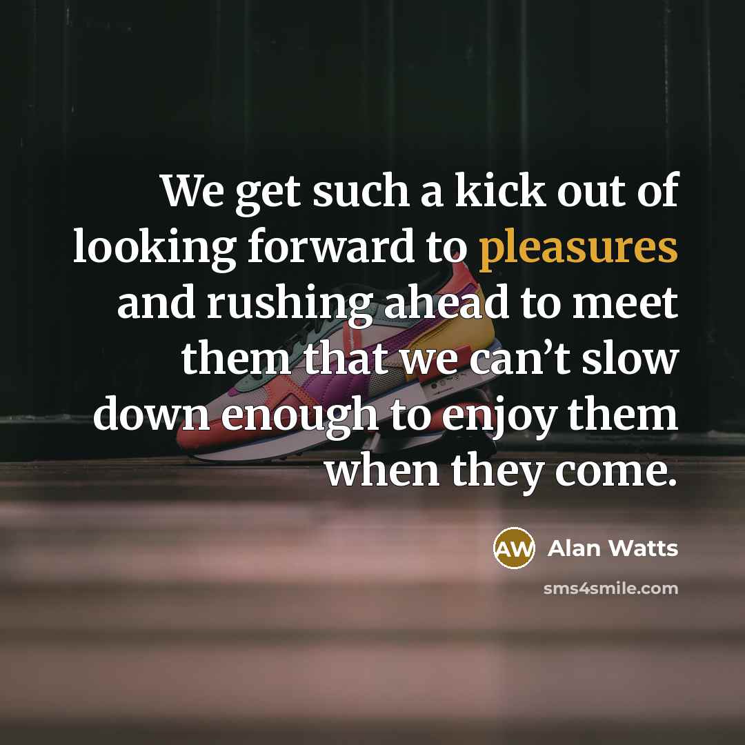 “We get such a kick out of looking forward to pleasures and rushing ahead to meet them that we can’t slow down enough to enjoy them when they come.” quote by Alan Watts