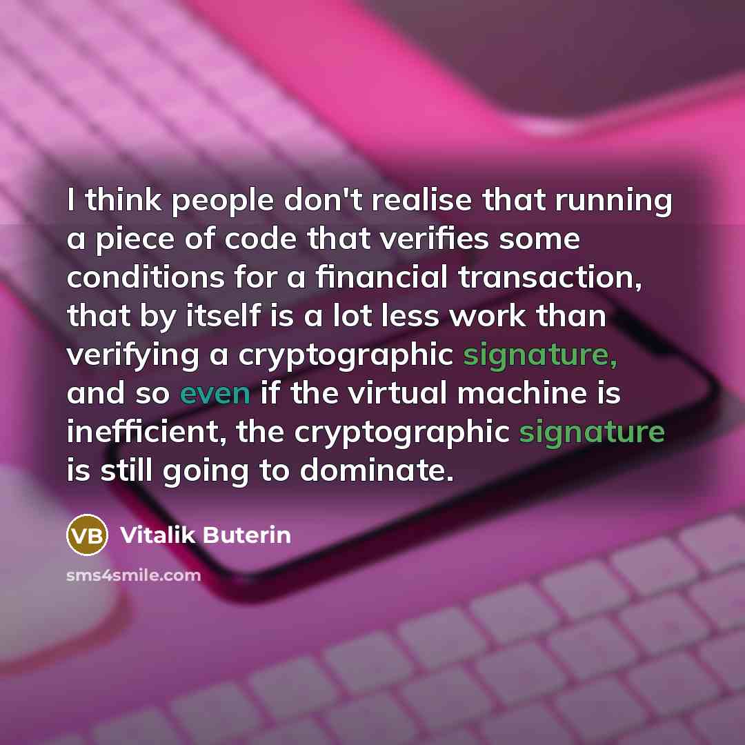 “I think people don't realise that running a piece of code that verifies some conditions for a financial transaction, that by itself is a lot less work than verifying a cryptographic signature, and so even if the virtual machine is inefficient, the cryptographic signature is still going to dominate.” quote by Vitalik Buterin