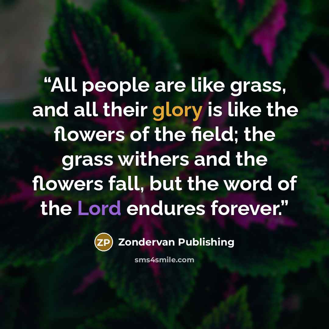 “All people are like grass, and all their glory is like the flowers of the field; the grass withers and the flowers fall, but the word of the Lord endures forever.” quote by Zondervan Publishing