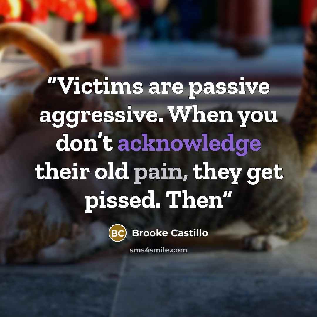 “Victims are passive aggressive. When you don’t acknowledge their old pain, they get pissed. Then” quote by Brooke Castillo