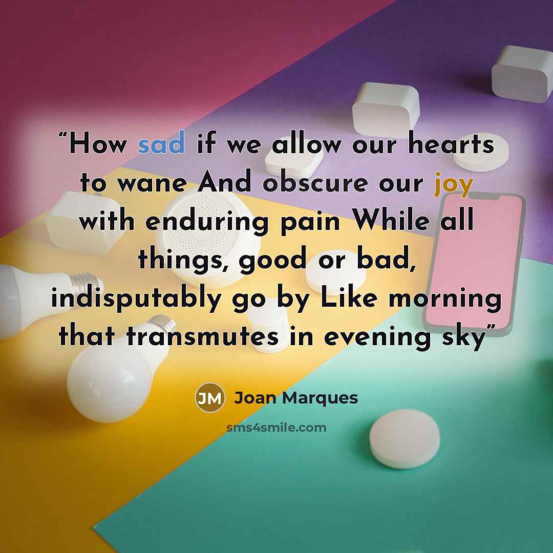 “How sad if we allow our hearts to wane And obscure our joy with enduring pain While all things, good or bad, indisputably go by Like morning that transmutes in evening sky” quote by Joan Marques