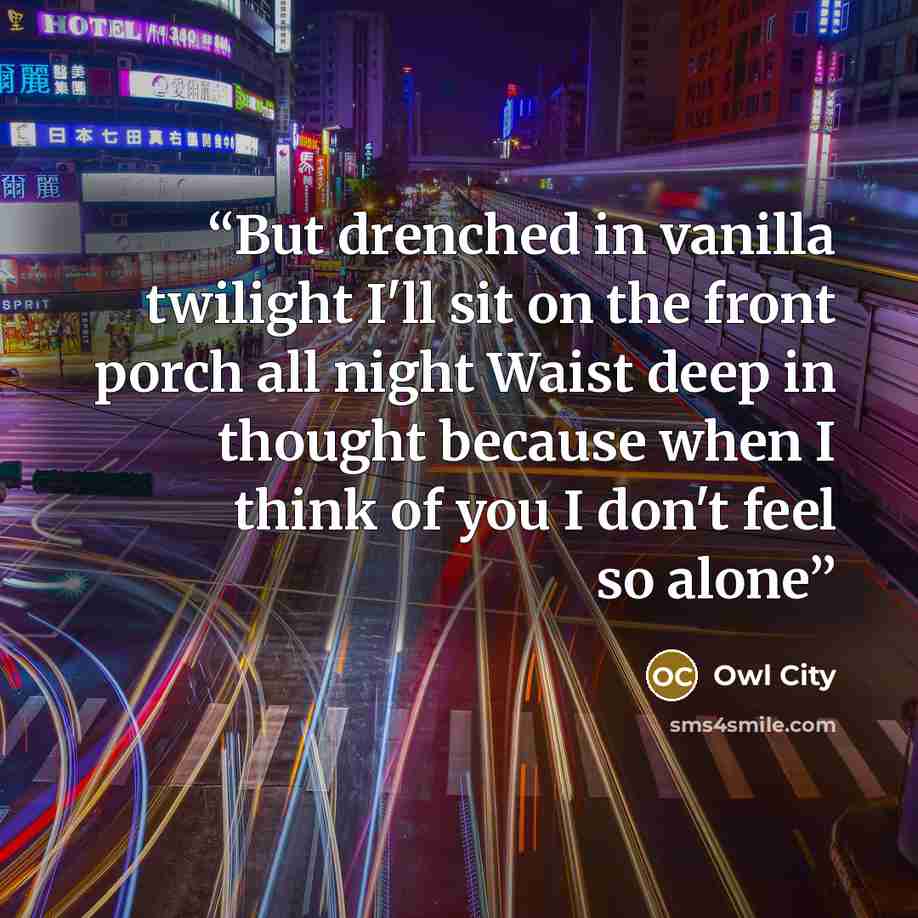 “But drenched in vanilla twilight I'll sit on the front porch all night Waist deep in thought because when I think of you I don't feel so alone” quote by Owl City