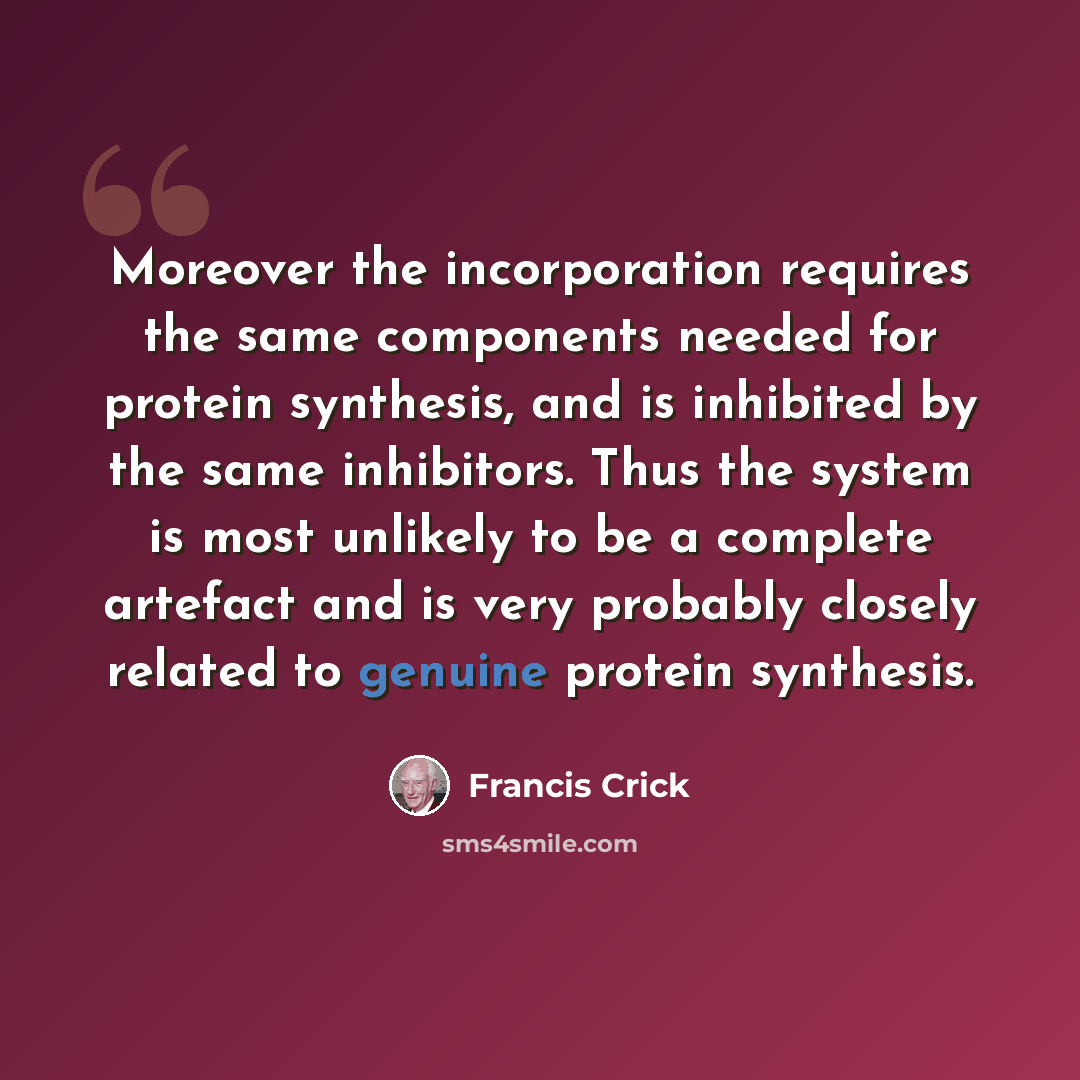 “Moreover the incorporation requires the same components needed for protein synthesis, and is inhibited by the same inhibitors. Thus the system is most unlikely to be a complete artefact and is very probably closely related to genuine protein synthesis.” quote by Francis Crick