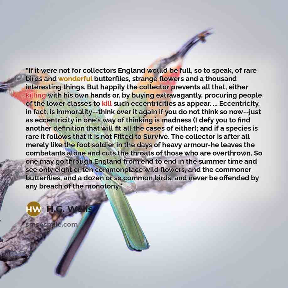“If it were not for collectors England would be full, so to speak, of rare birds and wonderful butterflies, strange flowers and a thousand interesting things. But happily the collector prevents all that, either killing with his own hands or, by buying extravagantly, procuring people of the lower…” quote by H.G. Wells