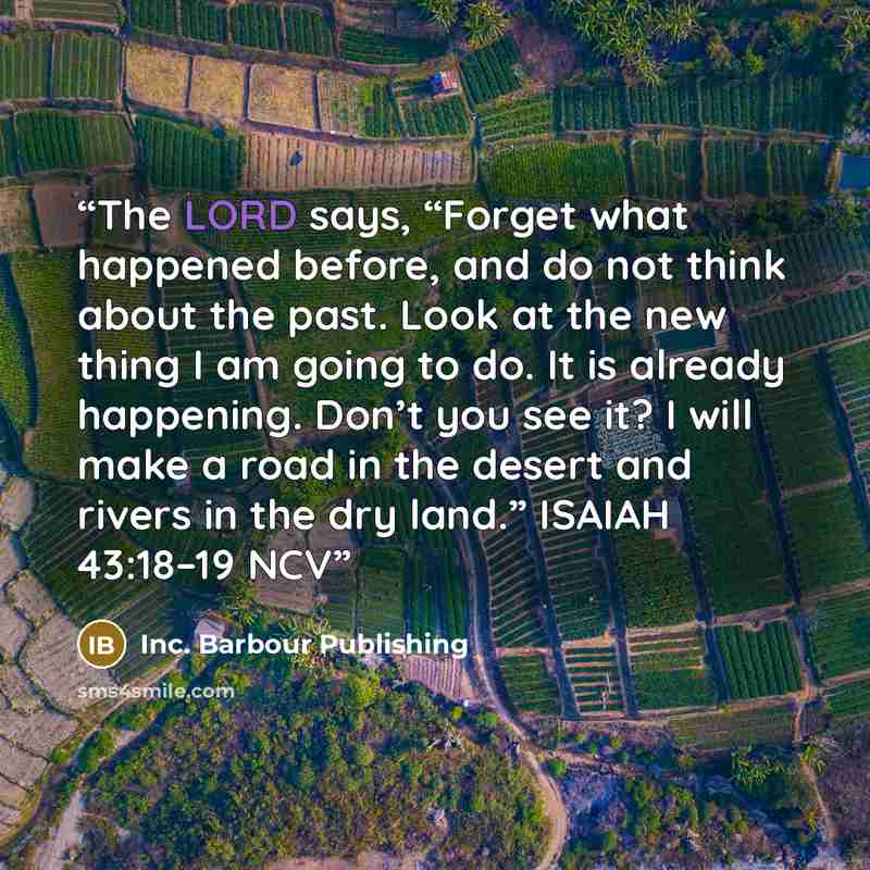 “The LORD says, “Forget what happened before, and do not think about the past. Look at the new thing I am going to do. It is already happening. Don’t you see it? I will make a road in the desert and rivers in the dry land.” ISAIAH 43:18–19 NCV” quote by Inc. Barbour Publishing