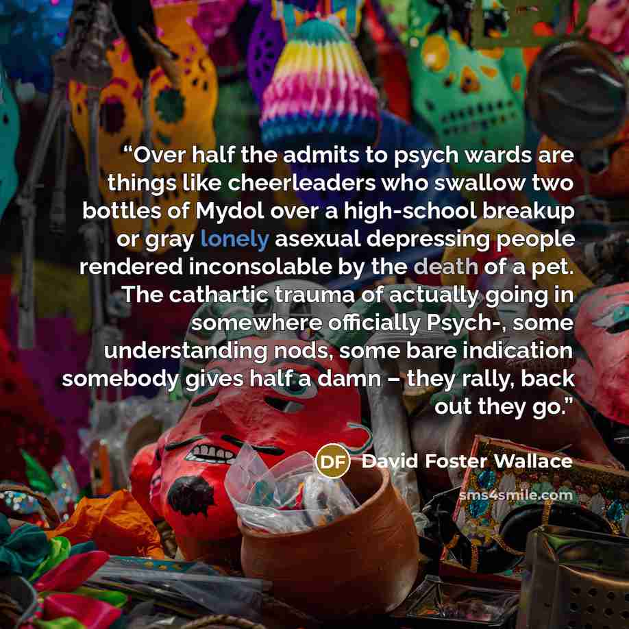 “Over half the admits to psych wards are things like cheerleaders who swallow two bottles of Mydol over a high-school breakup or gray lonely asexual depressing people rendered inconsolable by the death of a pet. The cathartic trauma of actually going in somewhere officially Psych-, some…” quote by David Foster Wallace
