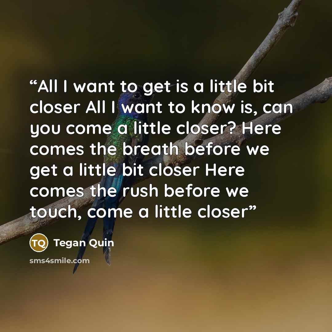 “All I want to get is a little bit closer All I want to know is, can you come a little closer? Here comes the breath before we get a little bit closer Here comes the rush before we touch, come a little closer” quote by Tegan Quin
