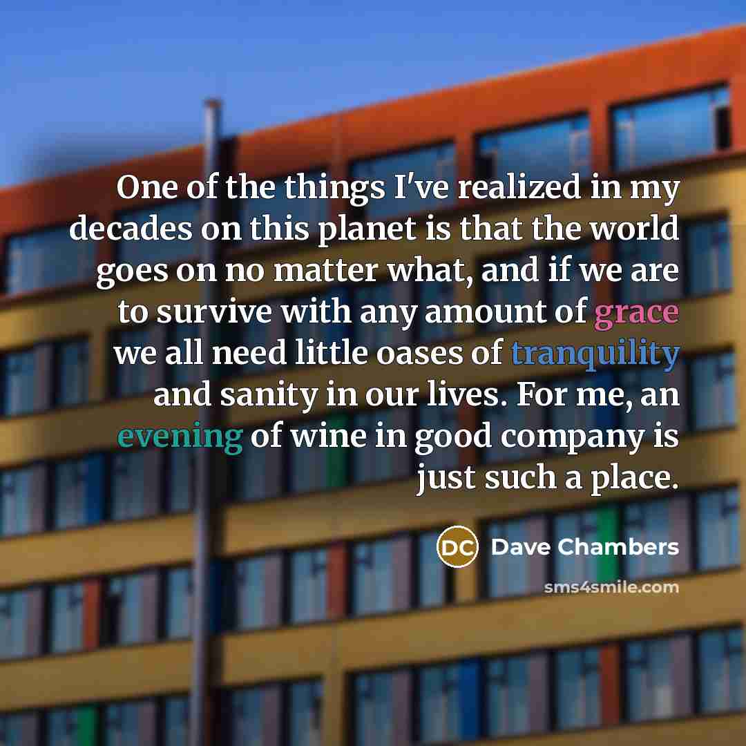 “One of the things I've realized in my decades on this planet is that the world goes on no matter what, and if we are to survive with any amount of grace we all need little oases of tranquility and sanity in our lives. For me, an evening of wine in good company is just such a place.” quote by Dave Chambers