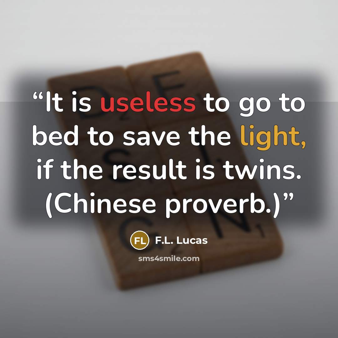“It is useless to go to bed to save the light, if the result is twins. (Chinese proverb.)” quote by F.L. Lucas