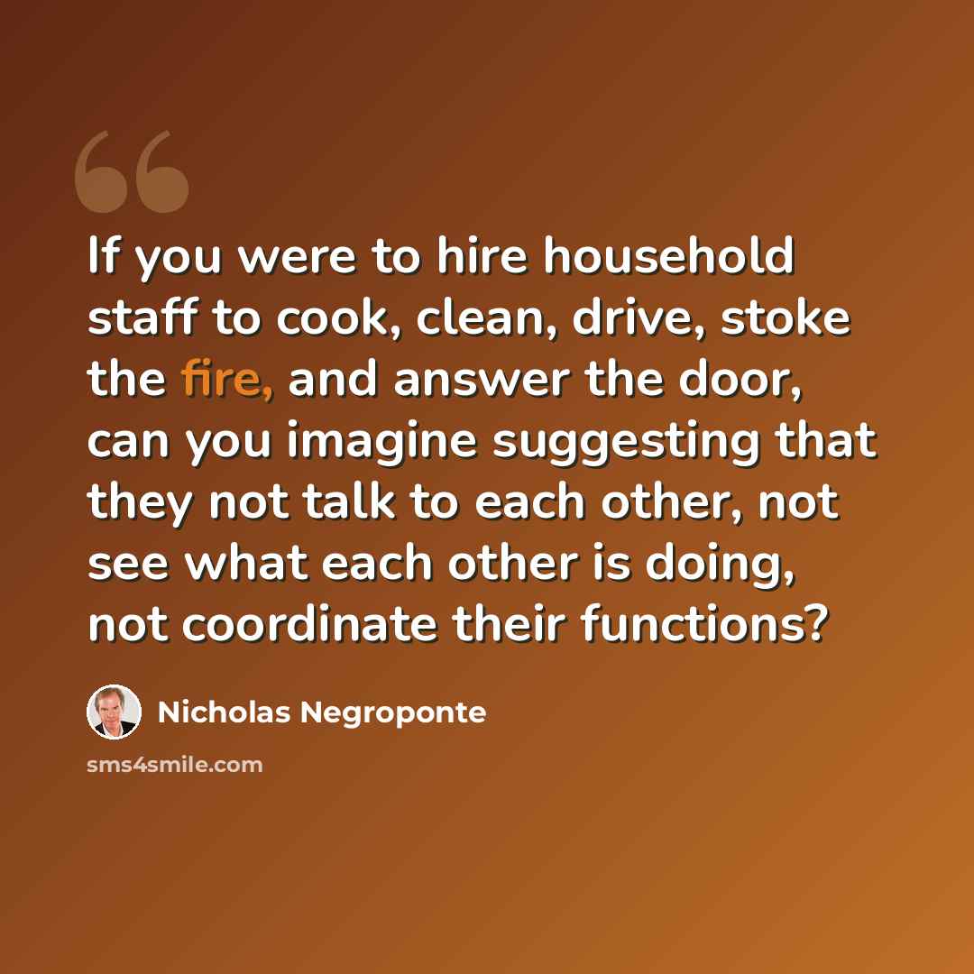“If you were to hire household staff to cook, clean, drive, stoke the fire, and answer the door, can you imagine suggesting that they not talk to each other, not see what each other is doing, not coordinate their functions?” quote by Nicholas Negroponte