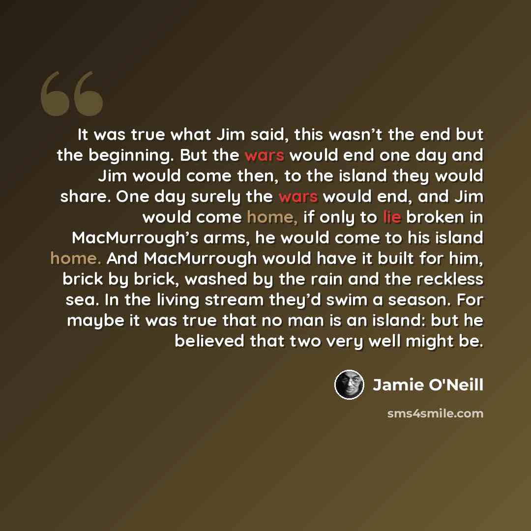 “It was true what Jim said, this wasn’t the end but the beginning. But the wars would end one day and Jim would come then, to the island they would share. One day surely the wars would end, and Jim would come home, if only to lie broken in MacMurrough’s arms, he would come to his island home. And…” quote by Jamie O'Neill