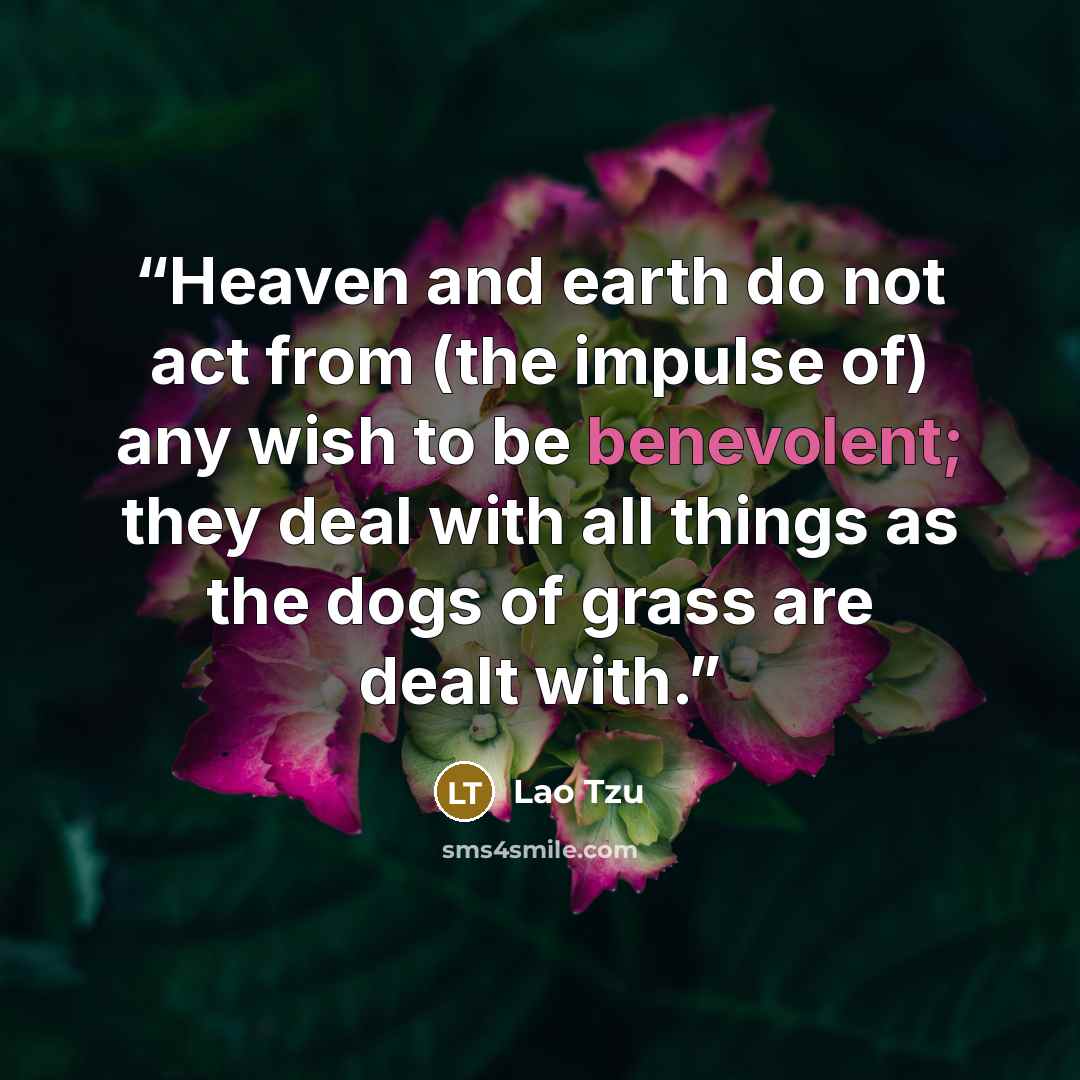 “Heaven and earth do not act from (the impulse of) any wish to be benevolent; they deal with all things as the dogs of grass are dealt with.” quote by Lao Tzu