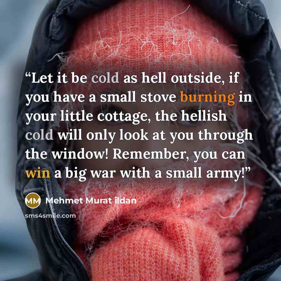 “Let it be cold as hell outside, if you have a small stove burning in your little cottage, the hellish cold will only look at you through the window! Remember, you can win a big war with a small army!” quote by Mehmet Murat ildan