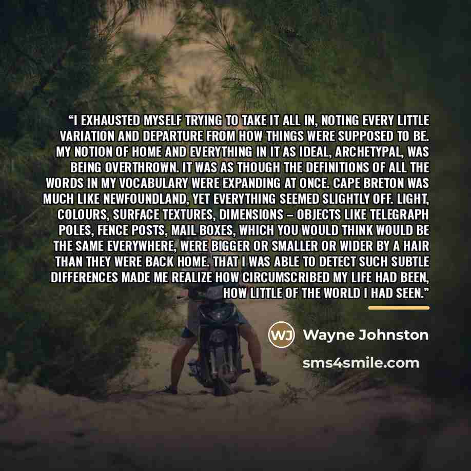 “I exhausted myself trying to take it all in, noting every little variation and departure from how things were supposed to be. My notion of home and everything in it as ideal, archetypal, was being overthrown. It was as though the definitions of all the words in my vocabulary were expanding at…” quote by Wayne Johnston