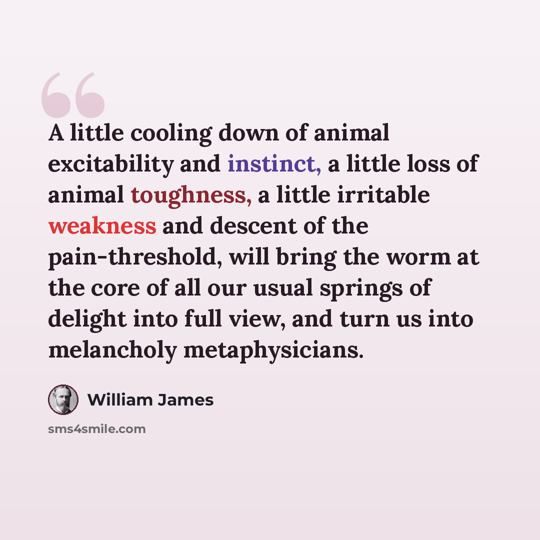 “A little cooling down of animal excitability and instinct, a little loss of animal toughness, a little irritable weakness and descent of the pain-threshold, will bring the worm at the core of all our usual springs of delight into full view, and turn us into melancholy metaphysicians.” quote by William James