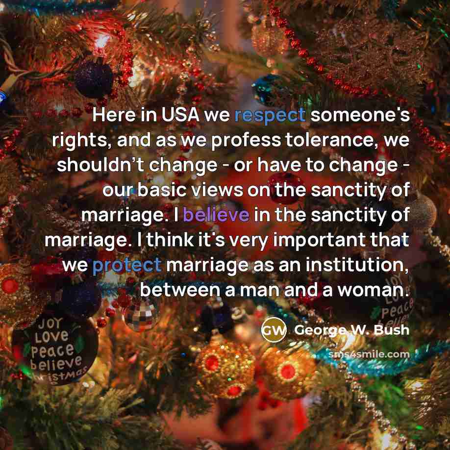 “Here in USA we respect someone's rights, and as we profess tolerance, we shouldn't change - or have to change - our basic views on the sanctity of marriage. I believe in the sanctity of marriage. I think it's very important that we protect marriage as an institution, between a man and a woman.” quote by George W. Bush
