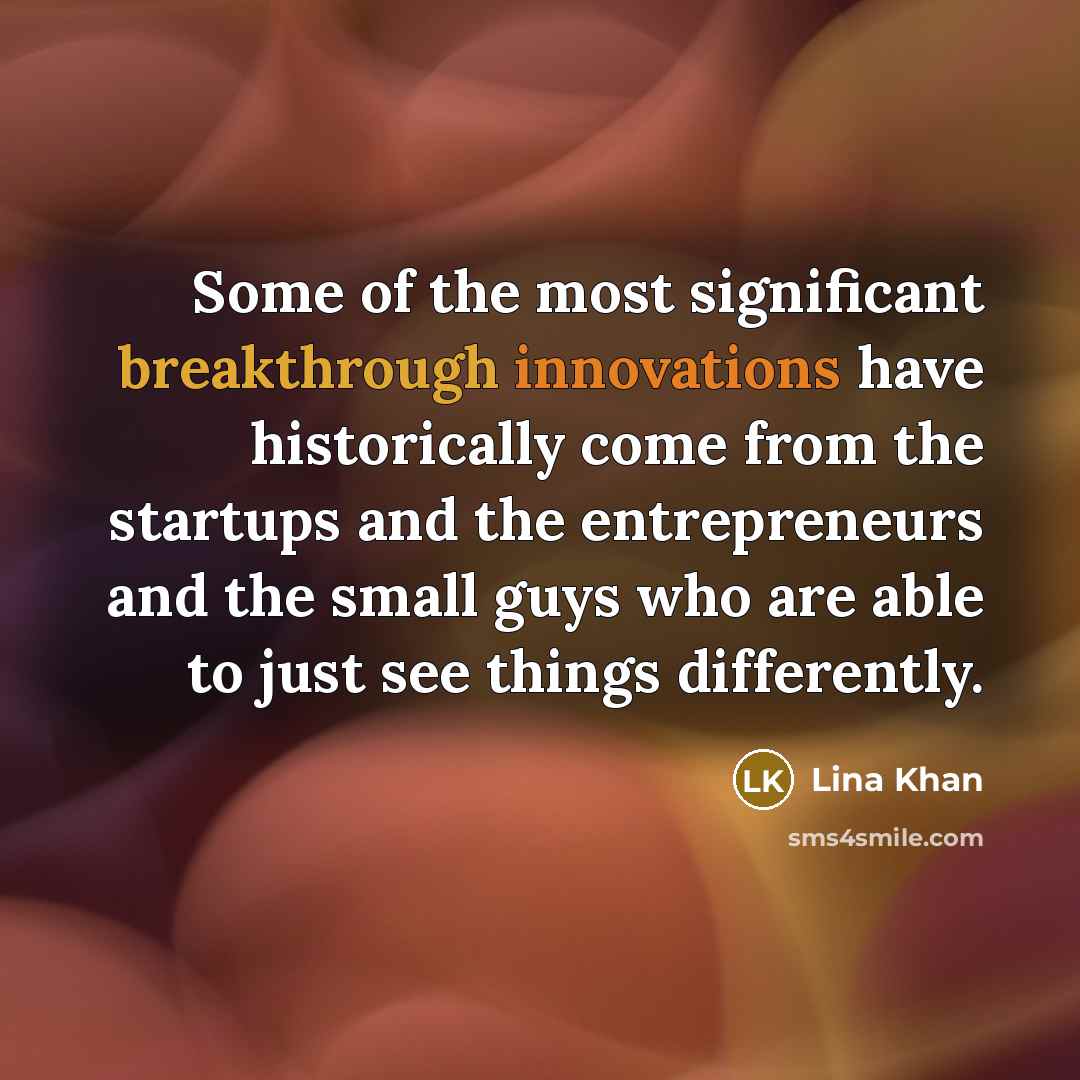 “Some of the most significant breakthrough innovations have historically come from the startups and the entrepreneurs and the small guys who are able to just see things differently.” quote by Lina Khan