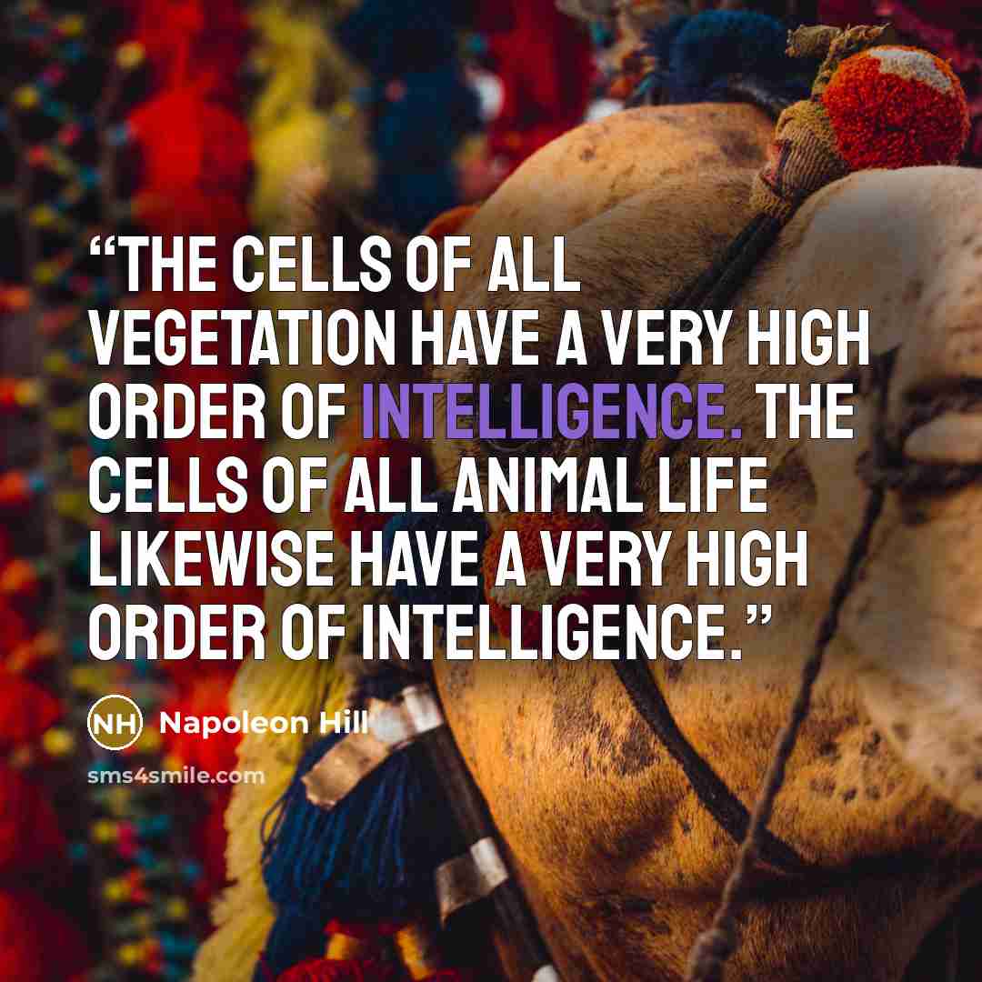 “The cells of all vegetation have a very high order of intelligence. The cells of all animal life likewise have a very high order of intelligence.” quote by Napoleon Hill