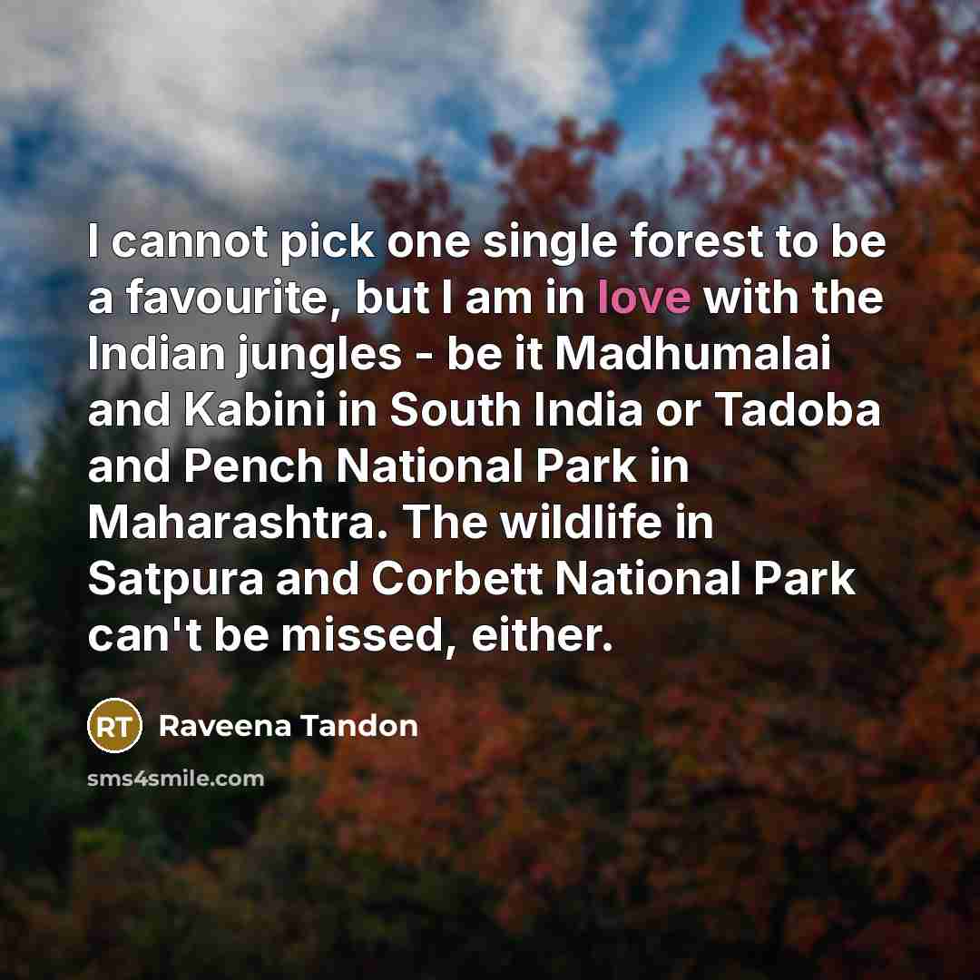 “I cannot pick one single forest to be a favourite, but I am in love with the Indian jungles - be it Madhumalai and Kabini in South India or Tadoba and Pench National Park in Maharashtra. The wildlife in Satpura and Corbett National Park can't be missed, either.” quote by Raveena Tandon