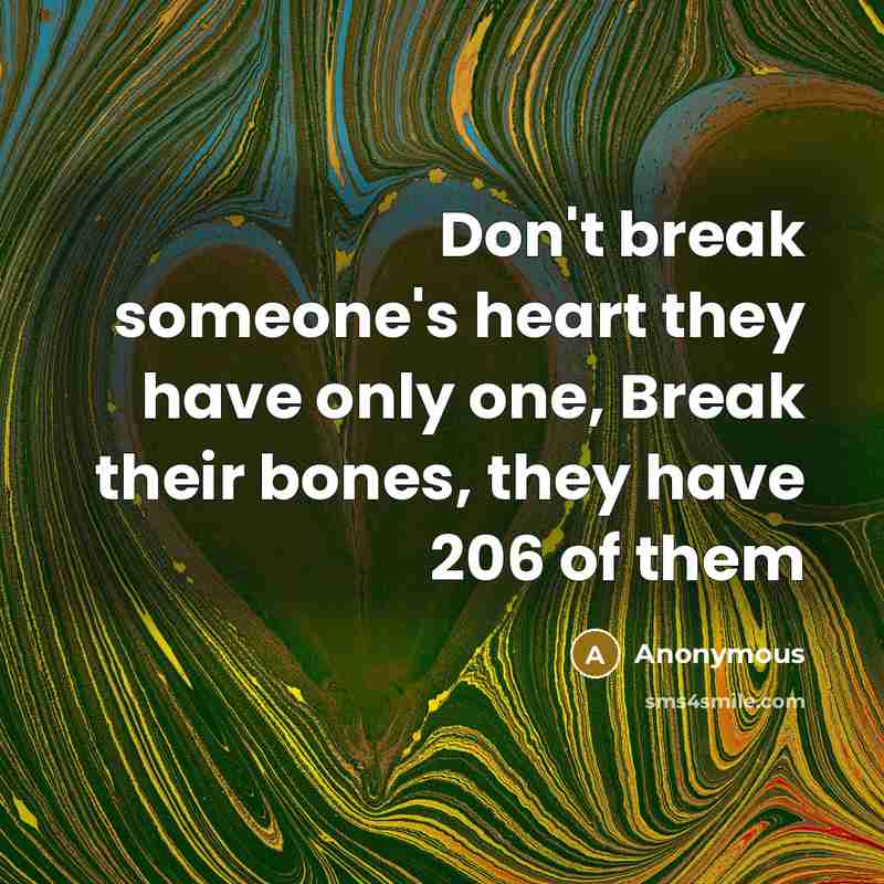 “Don't break someone's heart they have only one, Break their bones, they have 206 of them” quote by Anonymous