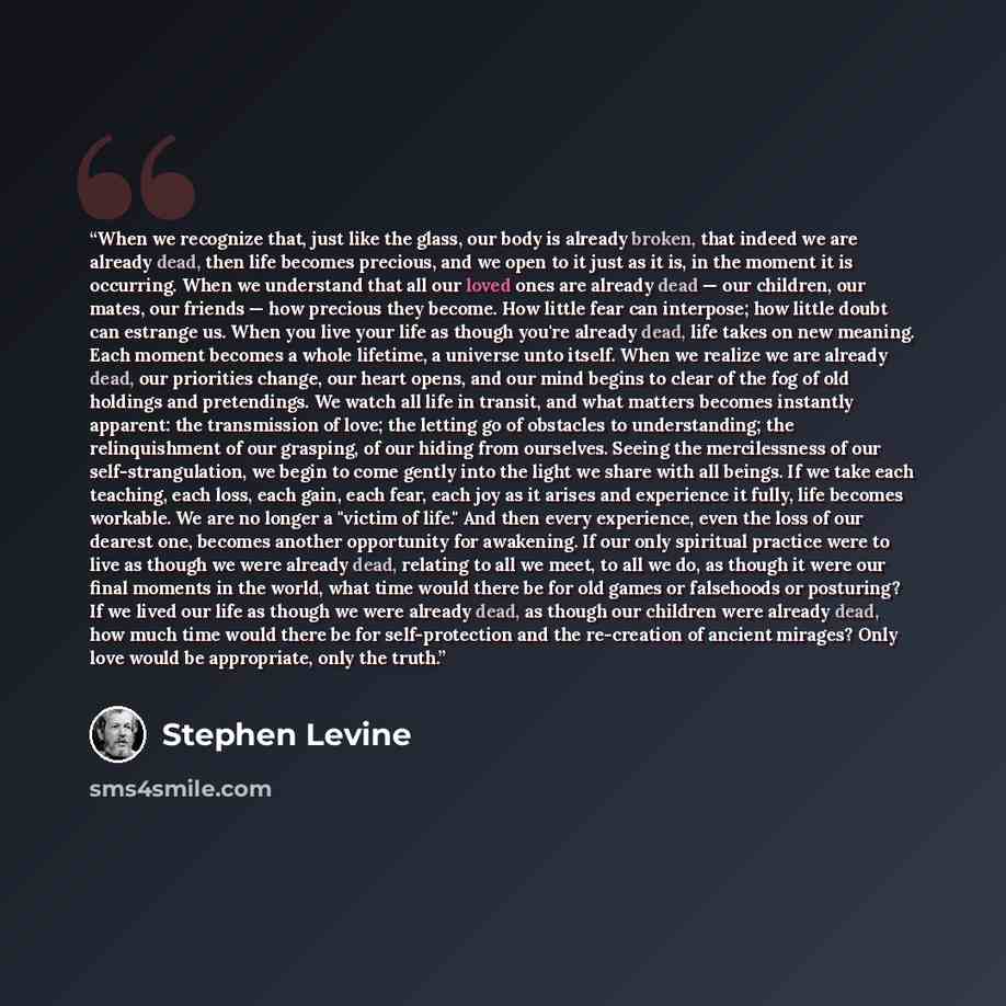 “When we recognize that, just like the glass, our body is already broken, that indeed we are already dead, then life becomes precious, and we open to it just as it is, in the moment it is occurring. When we understand that all our loved ones are already dead — our children, our mates, our friends…” quote by Stephen Levine
