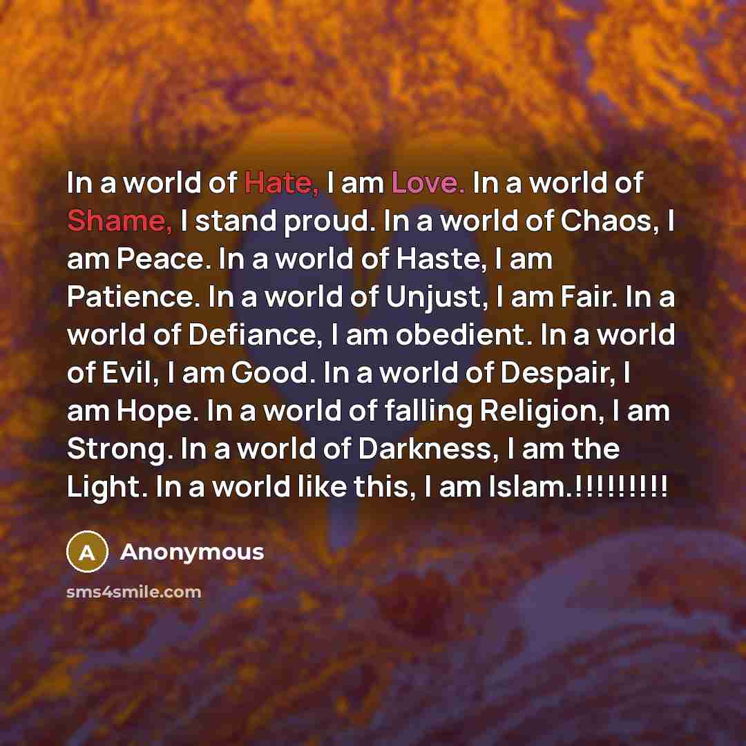 “In a world of Hate, I am Love. In a world of Shame, I stand proud. In a world of Chaos, I am Peace. In a world of Haste, I am Patience. In a world of Unjust, I am Fair. In a world of Defiance, I am obedient. In a world of Evil, I am Good. In a world of Despair, I am Hope. In a world of falling…” quote by Anonymous