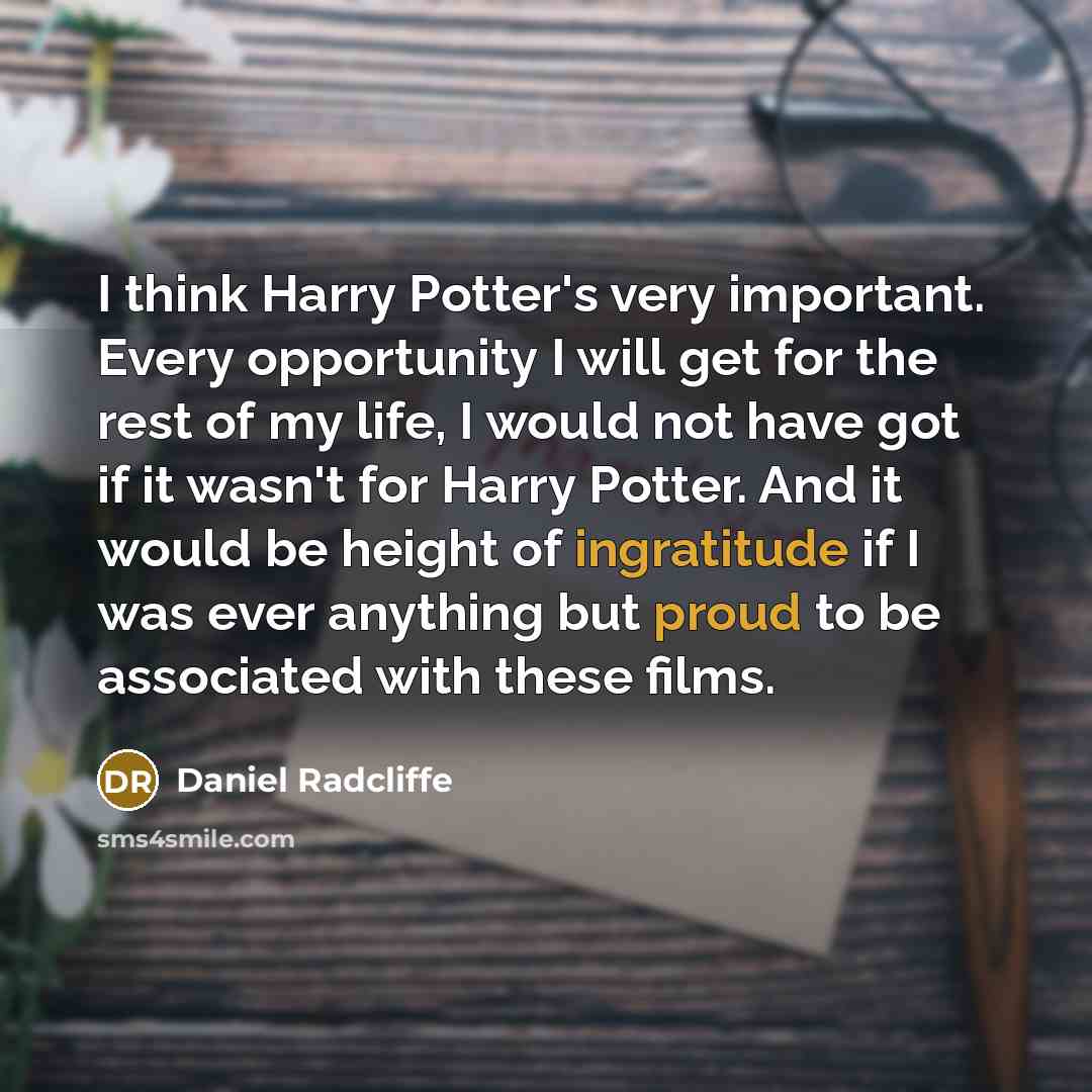 “I think Harry Potter's very important. Every opportunity I will get for the rest of my life, I would not have got if it wasn't for Harry Potter. And it would be height of ingratitude if I was ever anything but proud to be associated with these films.” quote by Daniel Radcliffe