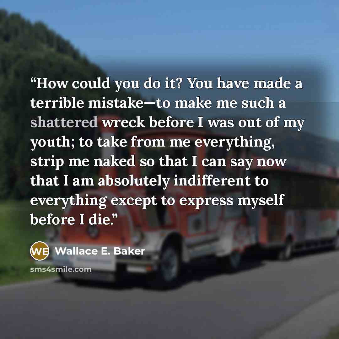 “How could you do it? You have made a terrible mistake—to make me such a shattered wreck before I was out of my youth; to take from me everything, strip me naked so that I can say now that I am absolutely indifferent to everything except to express myself before I die.” quote by Wallace E. Baker