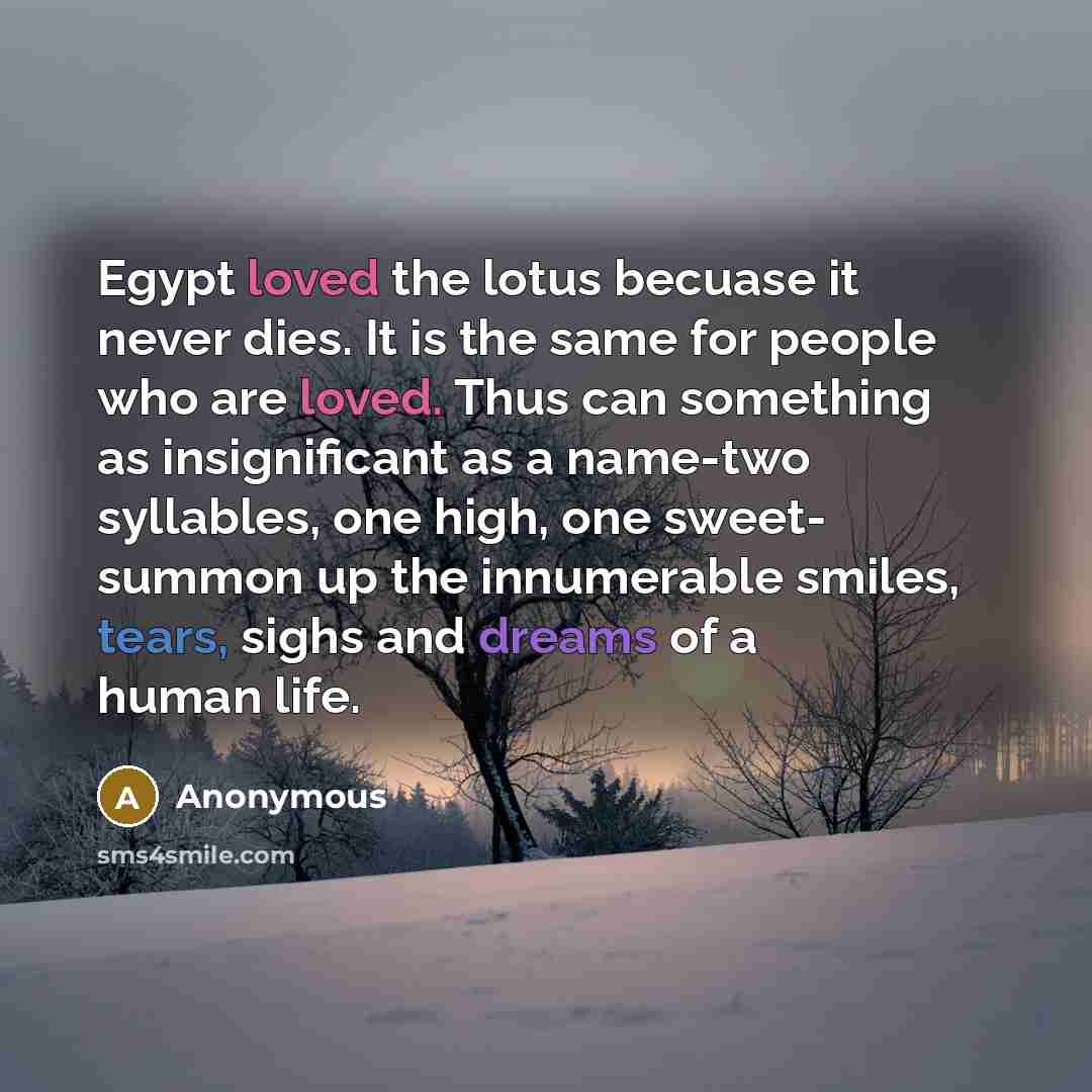 “Egypt loved the lotus becuase it never dies. It is the same for people who are loved. Thus can something as insignificant as a name-two syllables, one high, one sweet- summon up the innumerable smiles, tears, sighs and dreams of a human life.” quote by Anonymous
