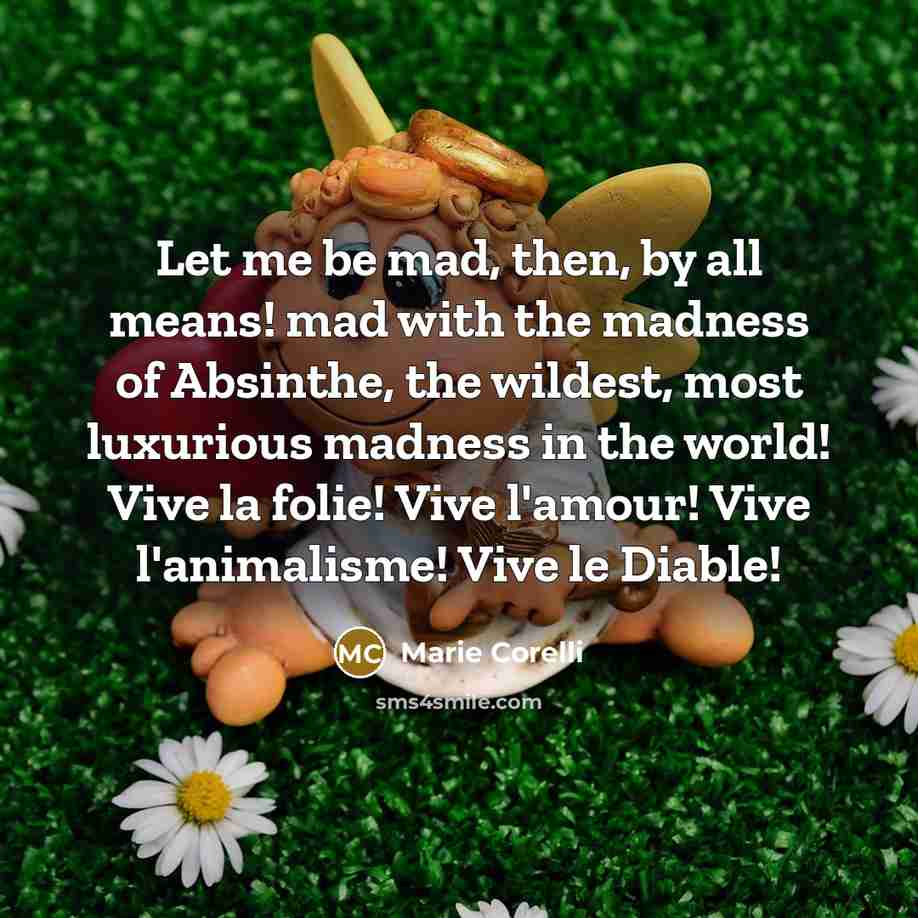 “Let me be mad, then, by all means! mad with the madness of Absinthe, the wildest, most luxurious madness in the world! Vive la folie! Vive l'amour! Vive l'animalisme! Vive le Diable!” quote by Marie Corelli