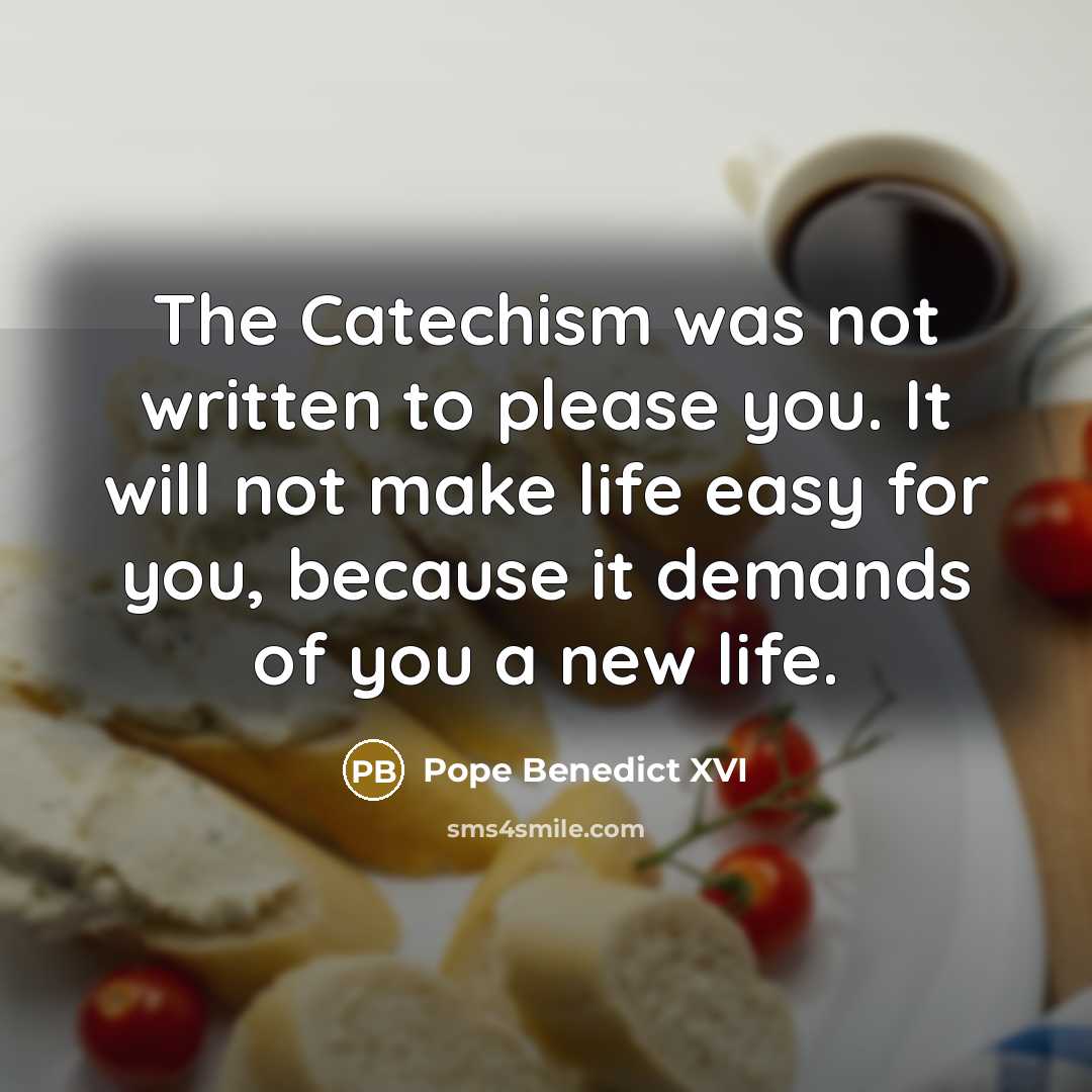“The Catechism was not written to please you. It will not make life easy for you, because it demands of you a new life.” quote by Pope Benedict XVI