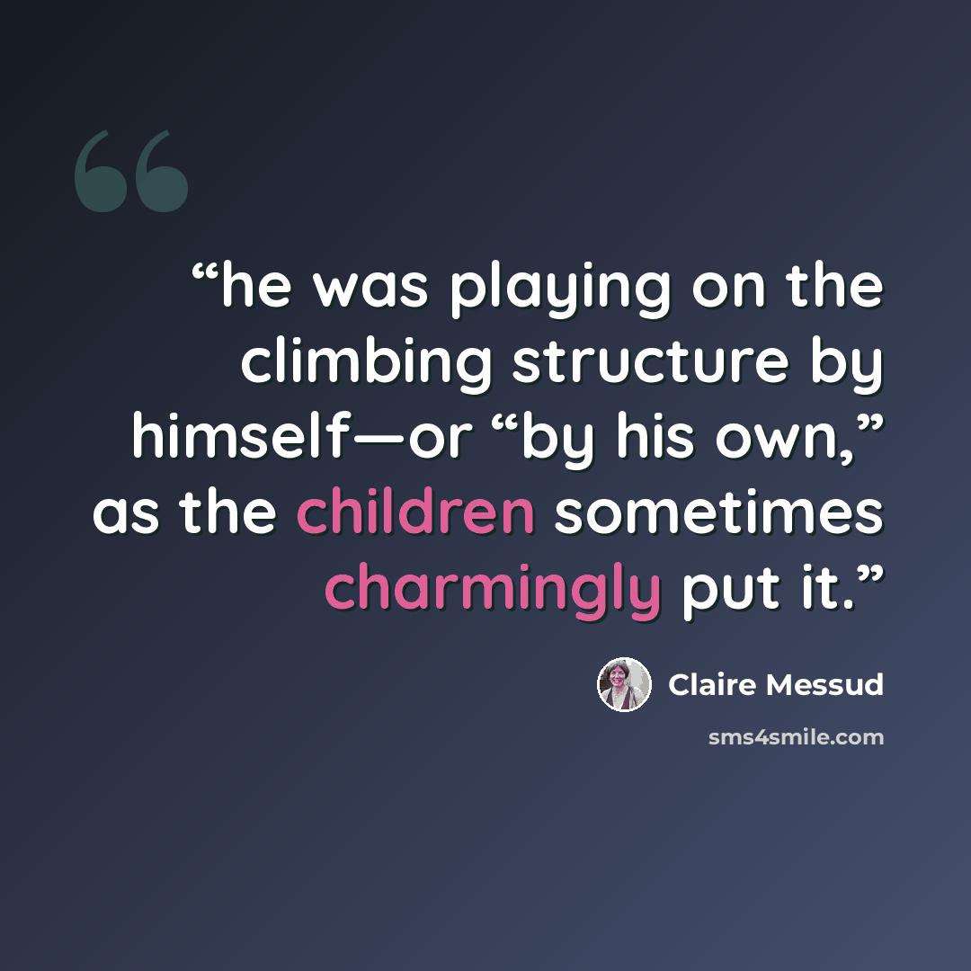 “he was playing on the climbing structure by himself—or “by his own,” as the children sometimes charmingly put it.” quote by Claire Messud