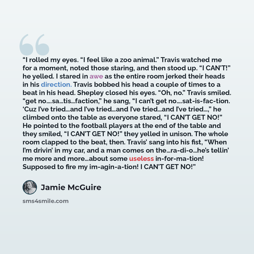 “I rolled my eyes. “I feel like a zoo animal.” Travis watched me for a moment, noted those staring, and then stood up. “I CAN’T!” he yelled. I stared in awe as the entire room jerked their heads in his direction. Travis bobbed his head a couple of times to a beat in his head. Shepley closed his…” quote by Jamie McGuire