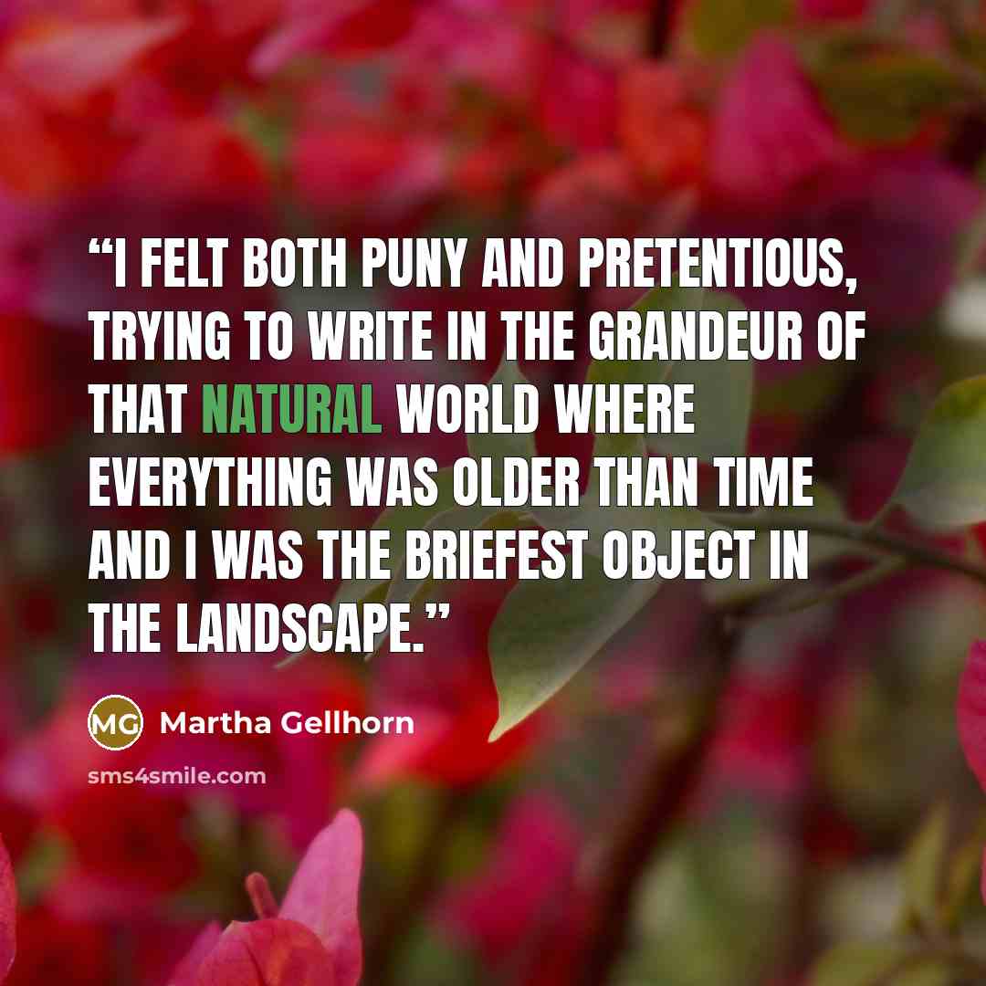 “I felt both puny and pretentious, trying to write in the grandeur of that natural world where everything was older than time and I was the briefest object in the landscape.” quote by Martha Gellhorn