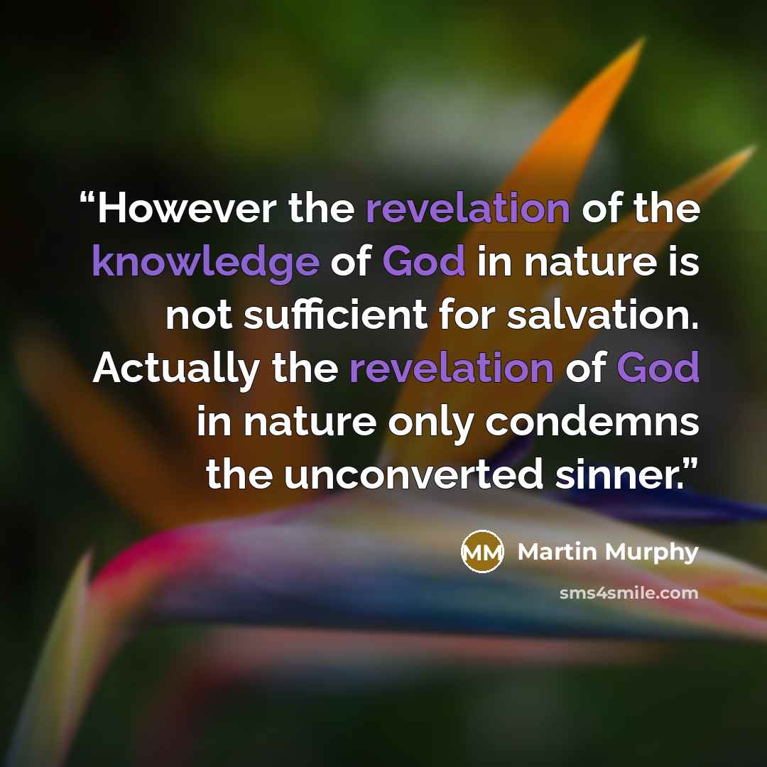 “However the revelation of the knowledge of God in nature is not sufficient for salvation. Actually the revelation of God in nature only condemns the unconverted sinner.” quote by Martin Murphy