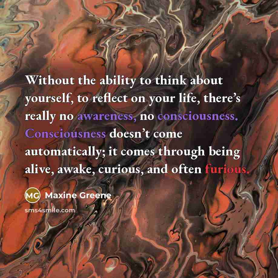 “Without the ability to think about yourself, to reflect on your life, there’s really no awareness, no consciousness. Consciousness doesn’t come automatically; it comes through being alive, awake, curious, and often furious.” quote by Maxine Greene