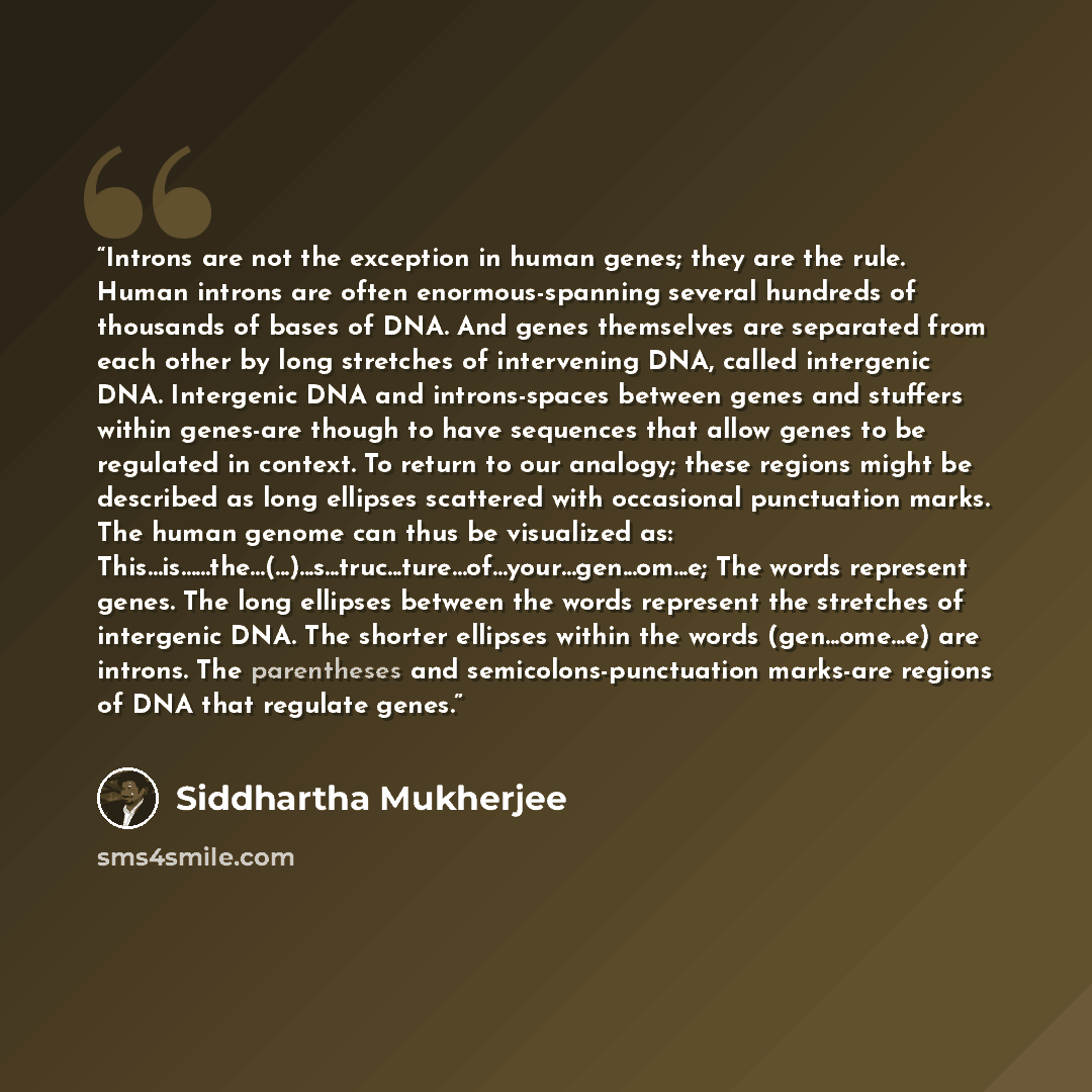 “Introns are not the exception in human genes; they are the rule. Human introns are often enormous-spanning several hundreds of thousands of bases of DNA. And genes themselves are separated from each other by long stretches of intervening DNA, called intergenic DNA. Intergenic DNA and…” quote by Siddhartha Mukherjee